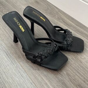Fashion Nova Black Braided Strap Mule Heels | Square Toe